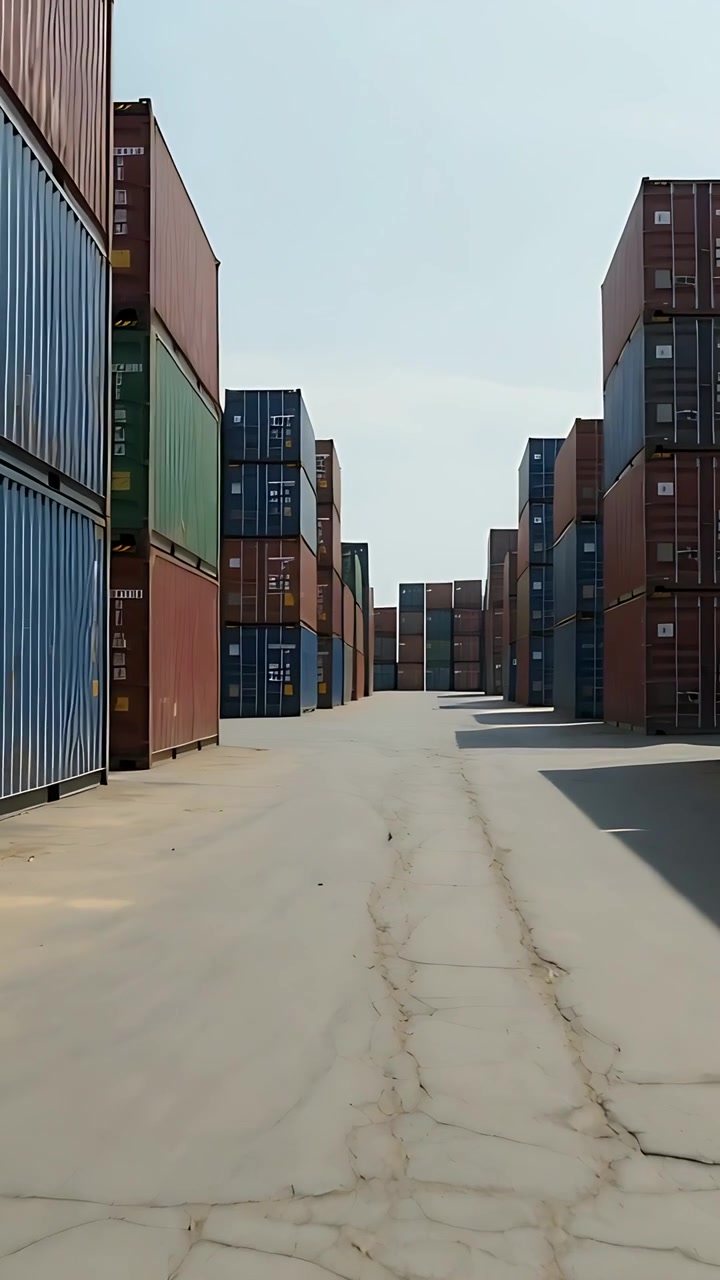Vertical video: Starting camera gliding down paved aisle, showing stacked containers and shadows