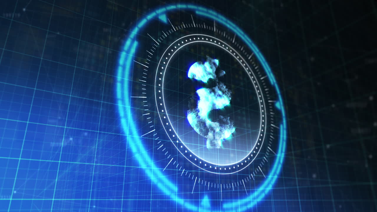 Animation of processing circle with rotating dollar over blue and black digital space