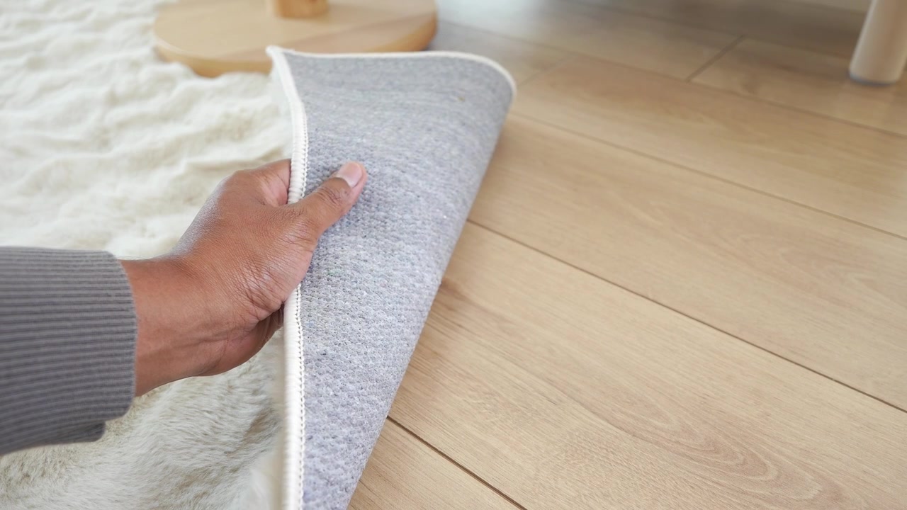 Hand Lifting Corner of Soft Rug on Wooden Floor