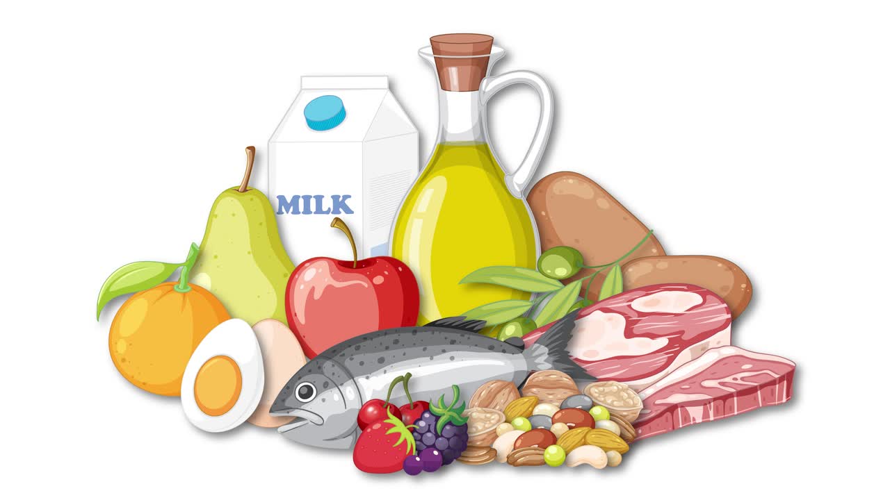 Various food groups gradually appear and assemble, forming a colorful, balanced nutrition illustration