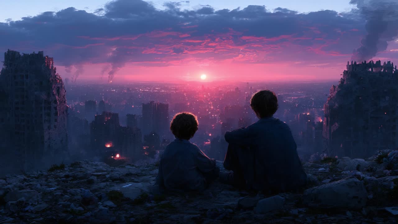 Un crepuscolo di struggente bellezza: Due bambini siedono tra le rovine, guardando il sole tramontare su una città devastata, simboleggiando speranza e resilienza di fronte alla disperazione