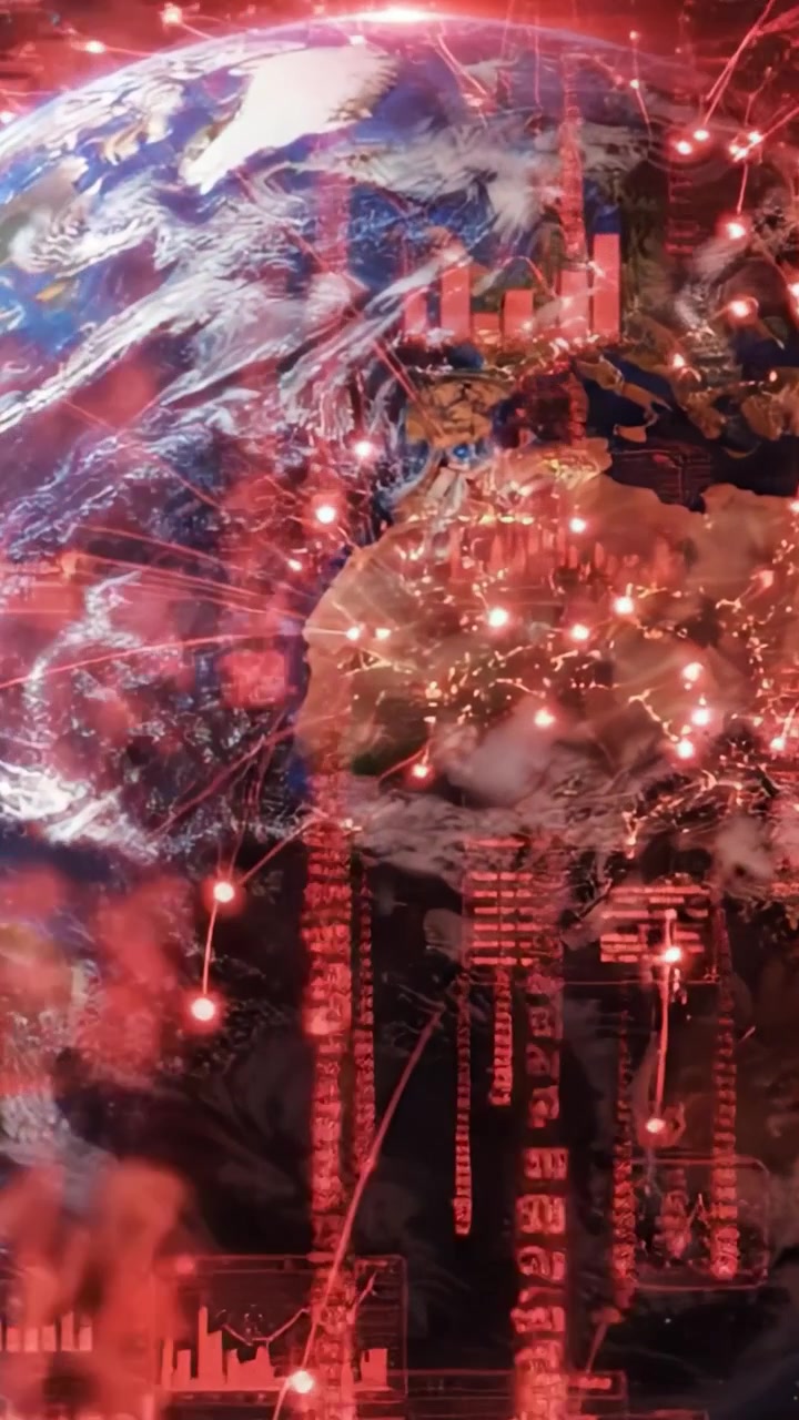 Visualizzazione dinamica della Terra con sovrapposizioni di dati che mostrano caratteristiche geografiche e tendenze globali in uno stile mozzafiato, ispirato alla fantascienza.