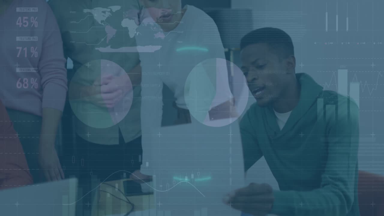 Animation of financial data processing over diverse business people in office