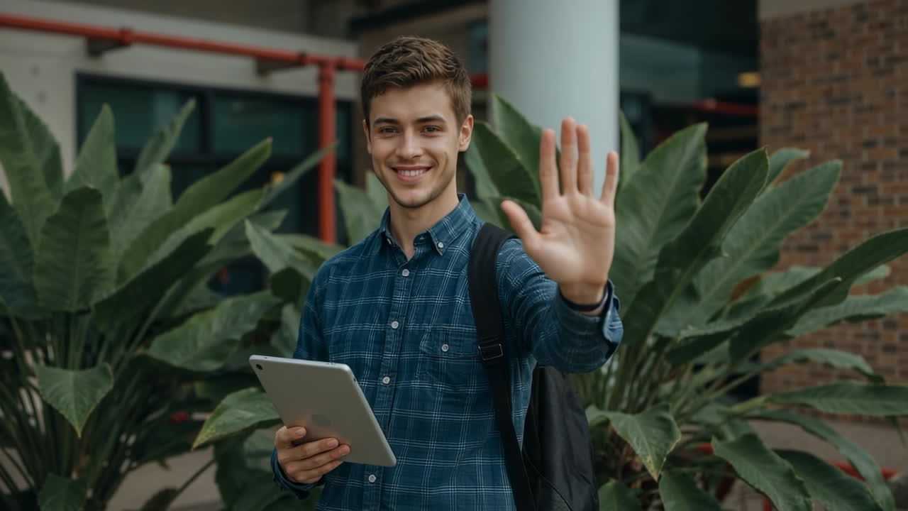 Giovane uomo che saluta e sorride con un tablet.