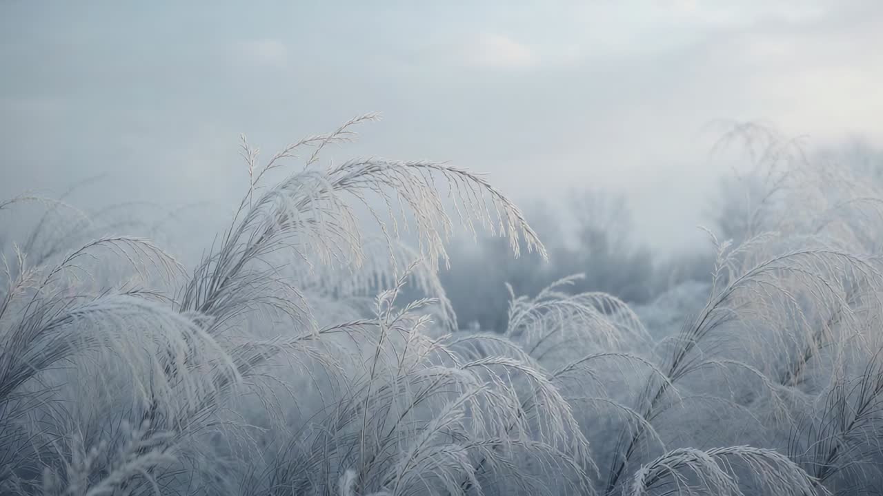 Bending frost-covered tall grasses and plumes swaying in frosty field, light breeze shifting tips