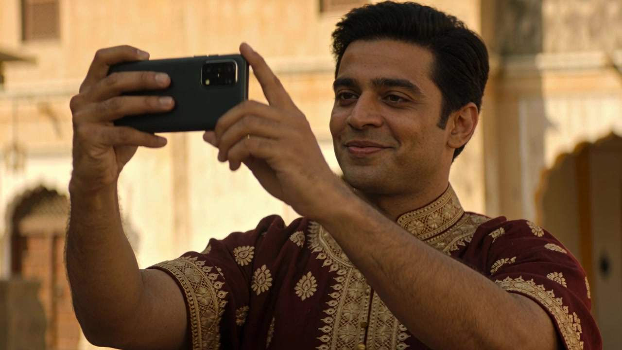 Uomo indiano che guarda il sole, inquadrando il telefono per un selfie in un cortile con archi intagliati, indossando una kurta bordeaux