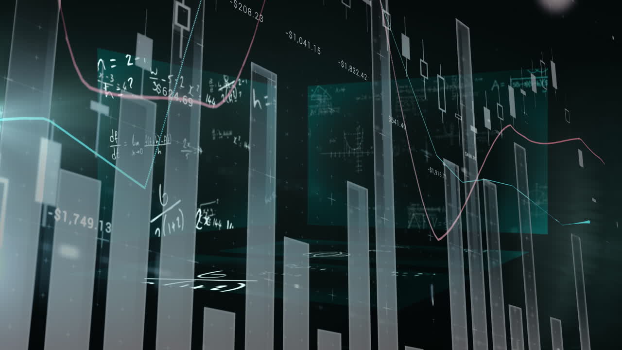 Animation of financial data processing and mathematical equations over black background
