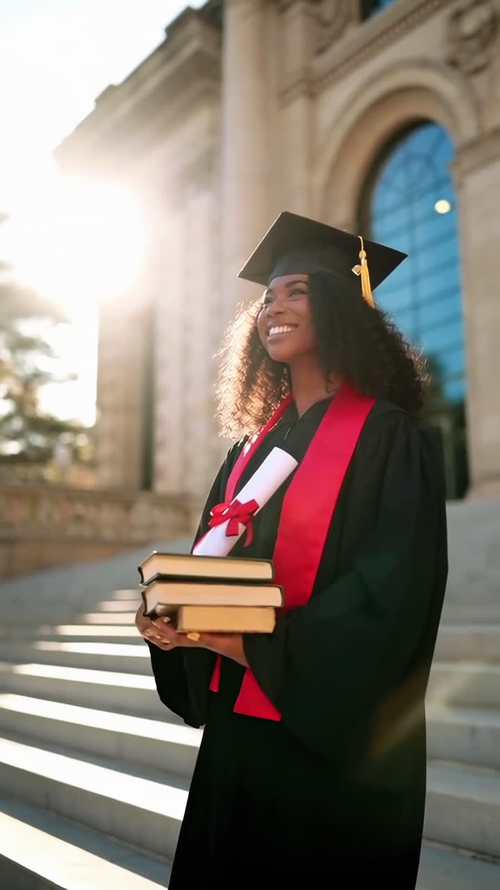 Üniversite Merdivenlerinde Diploma ve Kitaplar Tutan Mutlu Mezun Kadın.