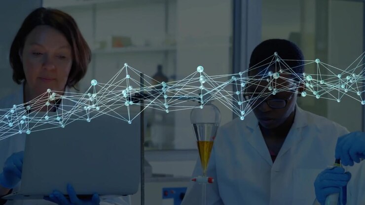 Lab team conducting test while network graphic sweeping, revealing pipette work and laptop logging