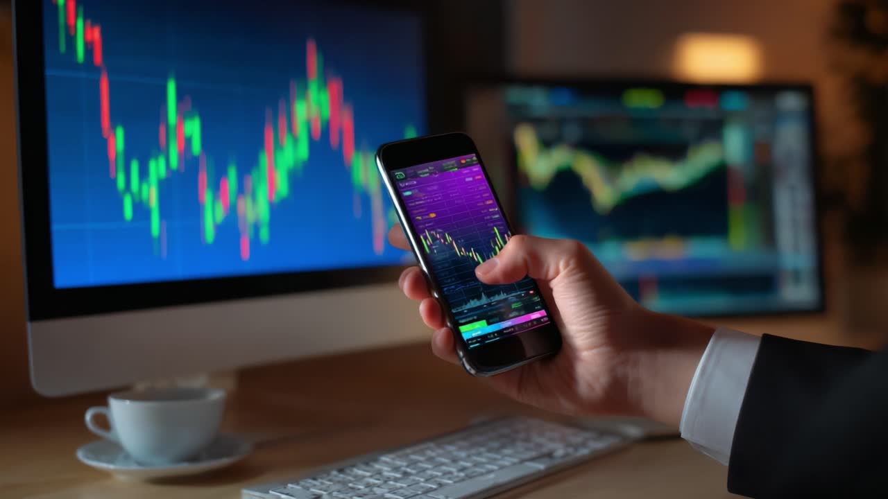 Un trader concentrato che analizza l'andamento del mercato su un dispositivo mobile, circondato da schermi di trading avanzati in un ambiente di lavoro moderno, che mostrano grafici e tabelle vivaci per un processo decisionale informato