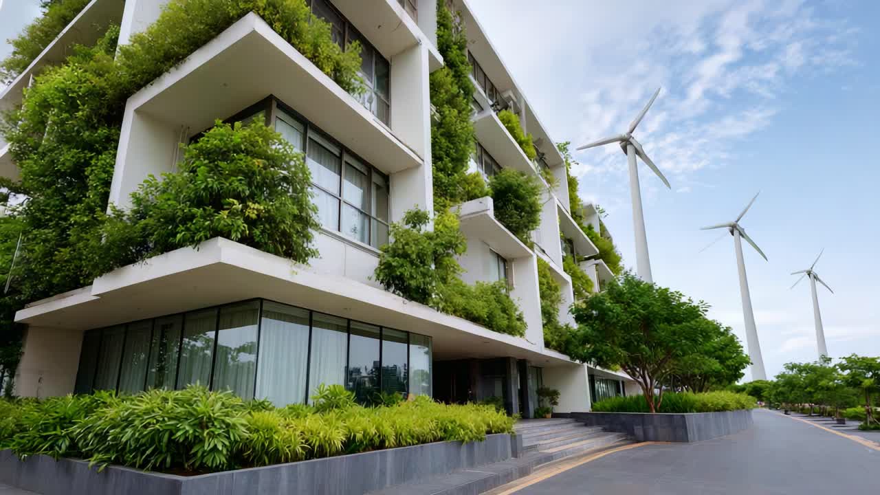 Arquitectura moderna sostenible con elementos verdes y aerogeneradores en un paisaje urbano con un diseño arquitectónico contemporáneo y abundante vegetación