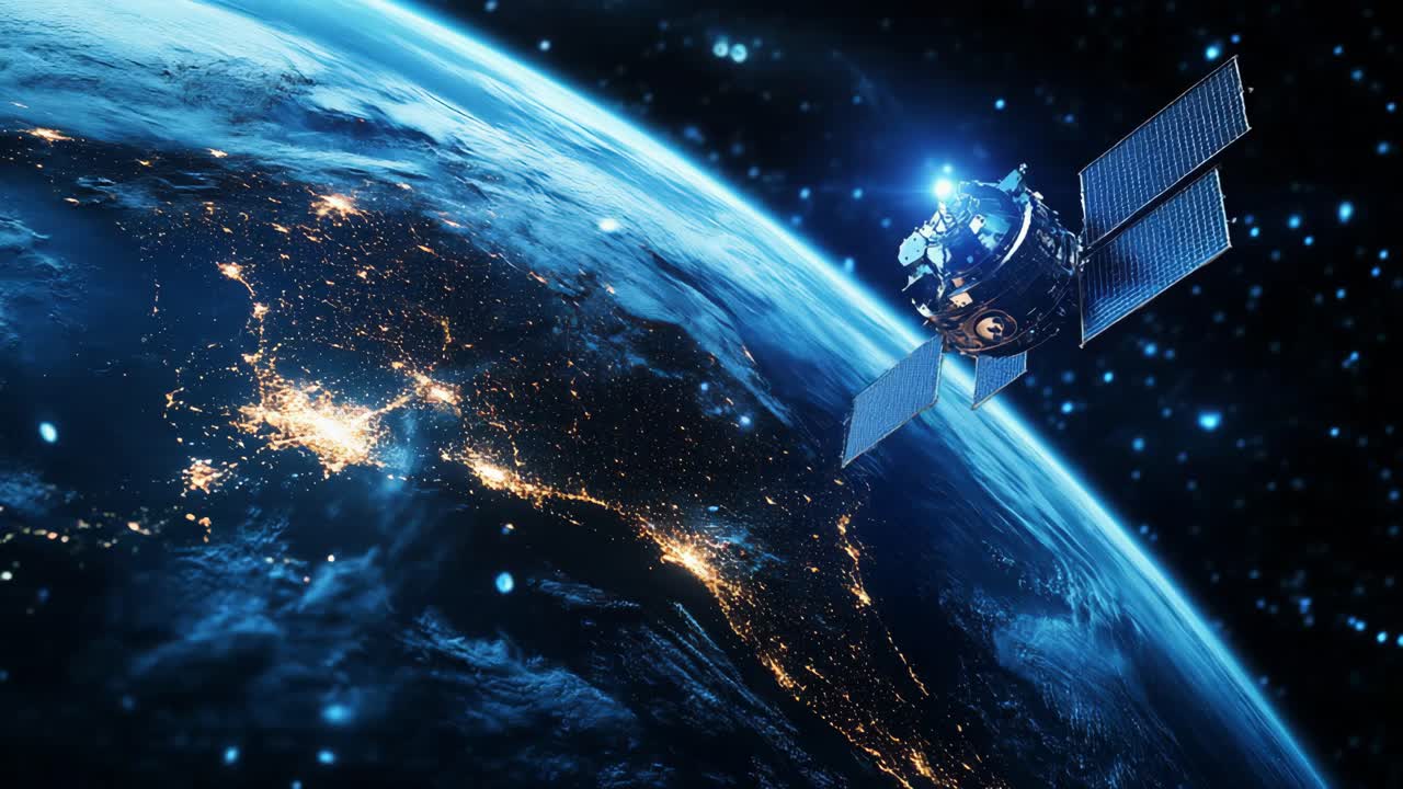 satélite que orbita la tierra por la noche