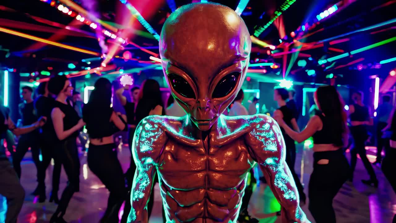 Dancing alien captivatingly moves in a lively disco club, surrounded by enthusiastic partygoers reveling in the vibrant nightlife, while colorful laser lights create an electrifying atmosphere