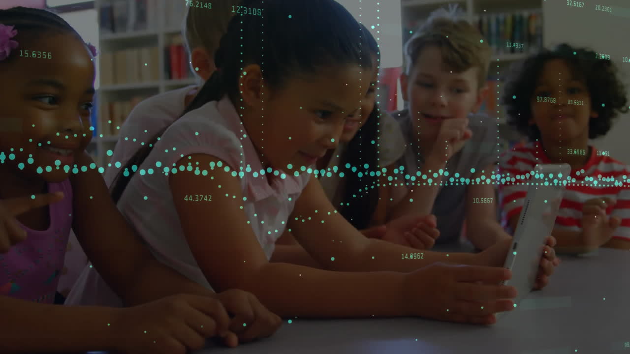 Animation of graphs with changing numbers over diverse children watching video on digital tablet