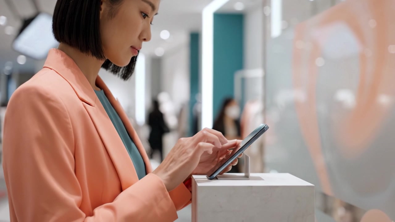 A focused woman interacts with a smartphone while showcasing elegance in a stylish outfit within a modern shopping environment filled with customers and displays.