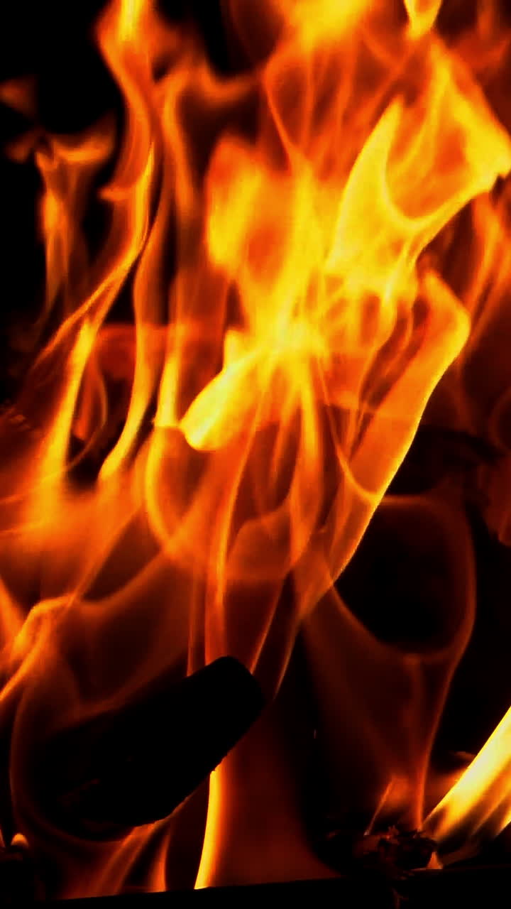 Bonfire. The fire is lit in the night. Slow motion Vertical video