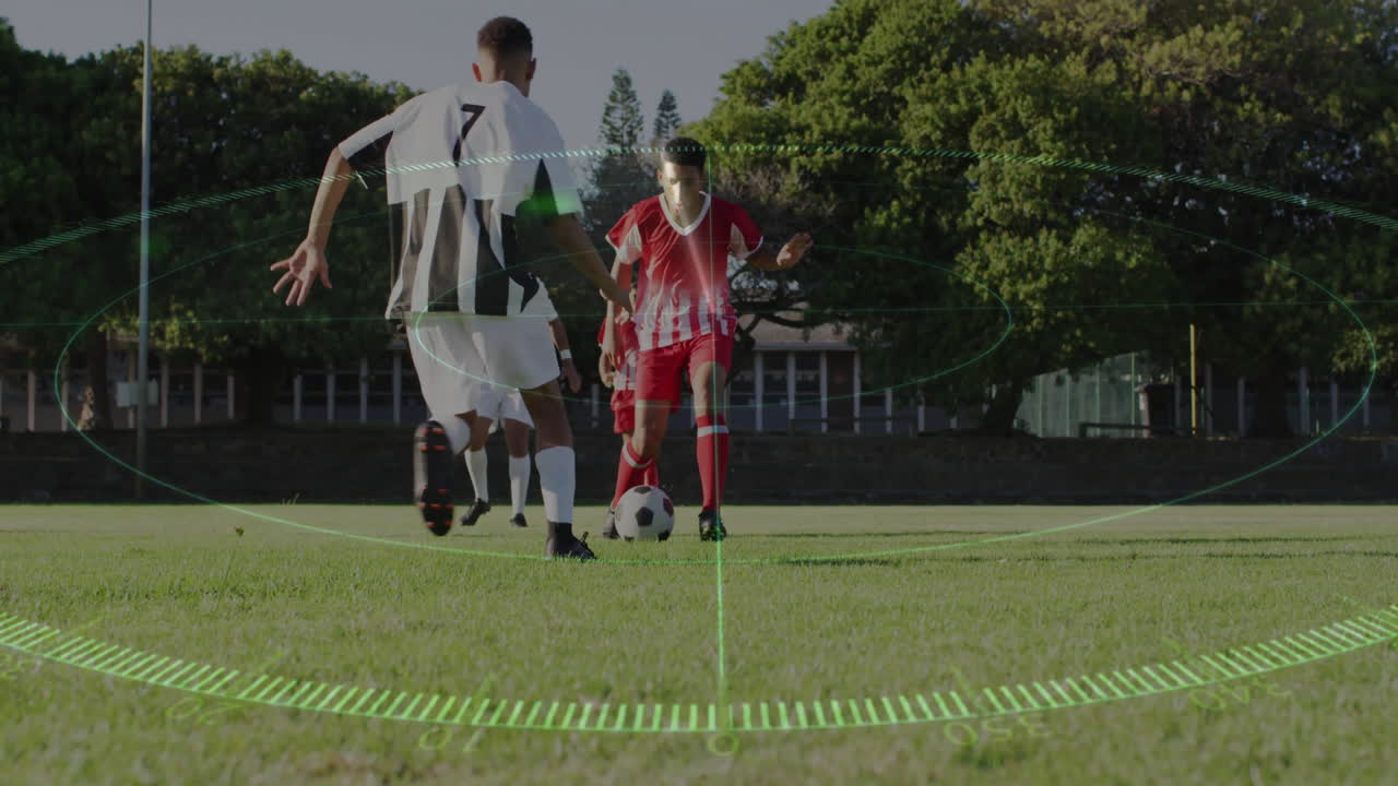 Soccer players in action with digital targeting animation overlay on field