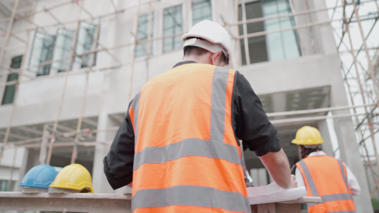 Multiracial professional contractor team is working in housing construction site. Caucasian male architect or civil engineer talking with foreman about house construction progress of housing project.