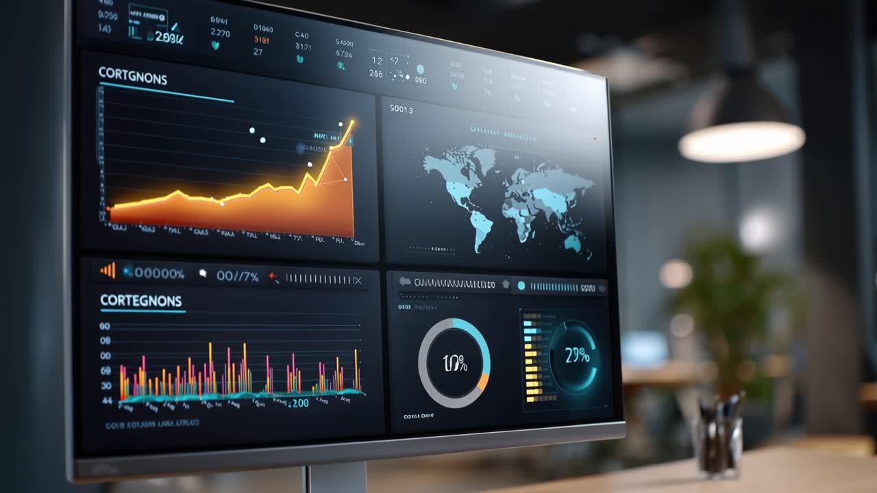 Dynamic Data Visualization: A Monitor Displays Intricate Analytics on Market Trends and Global Statistics in a Modern Office Environment
