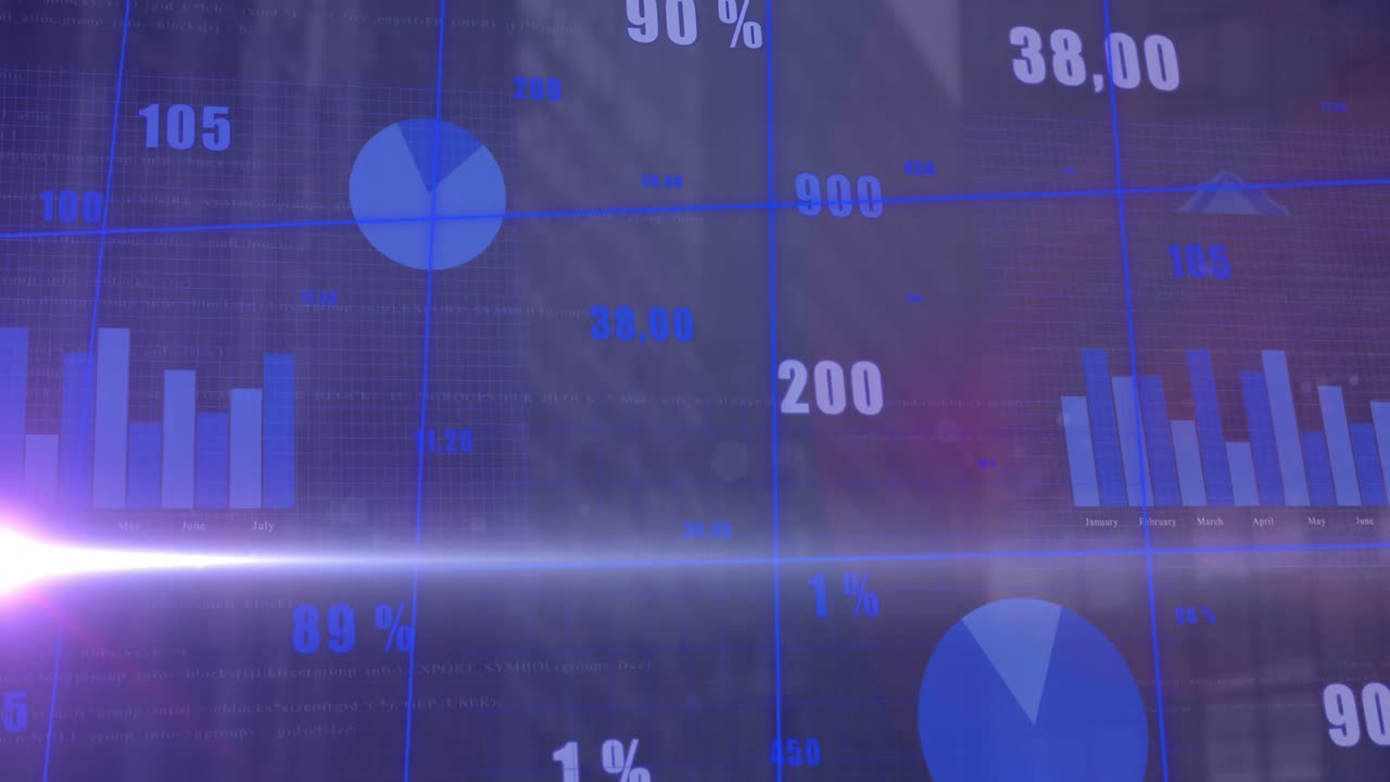 Animation of statistical data processing and light spot against aerial view of tall building