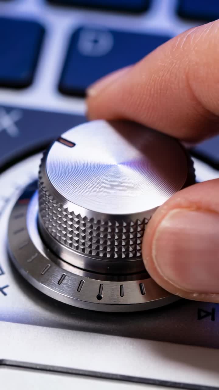 Vertical video: User finger touching knob, turning clockwise on tech panel while LED sweep passes