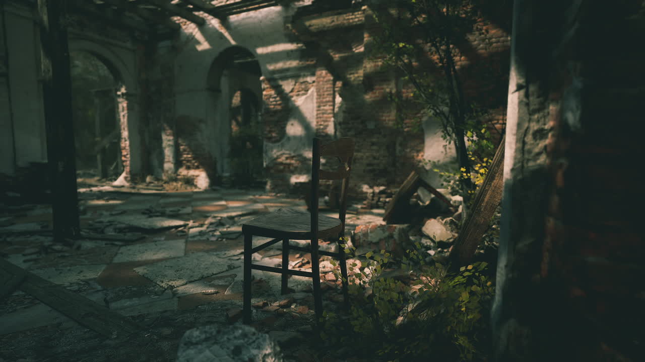 Abandoned room with rustic chair and overgrown plants in sunlight
