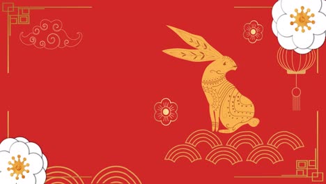 Animation-of-chinese-pattern-and-rabbit-year-decoration-on-red-background