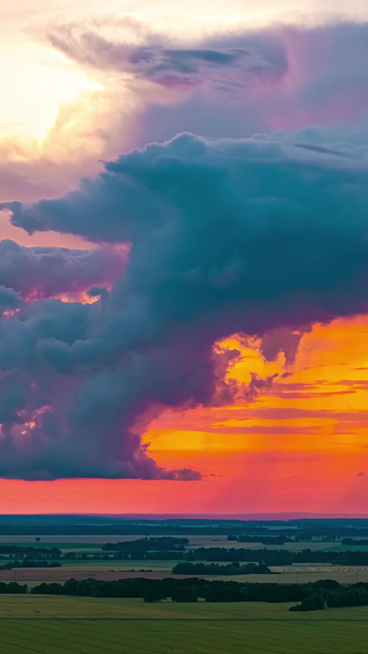 Vertical aerial time-lapse of massive cumulonimbus storm clouds morphing at sunset over rural Latvia, with fiery orange and purple sky glowing above golden agricultural fields