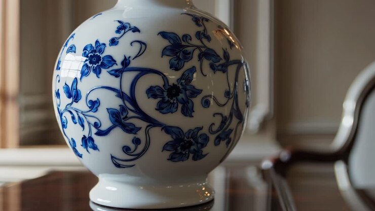 Close-up of a blue floral porcelain vase on a polished table, shot at eye level