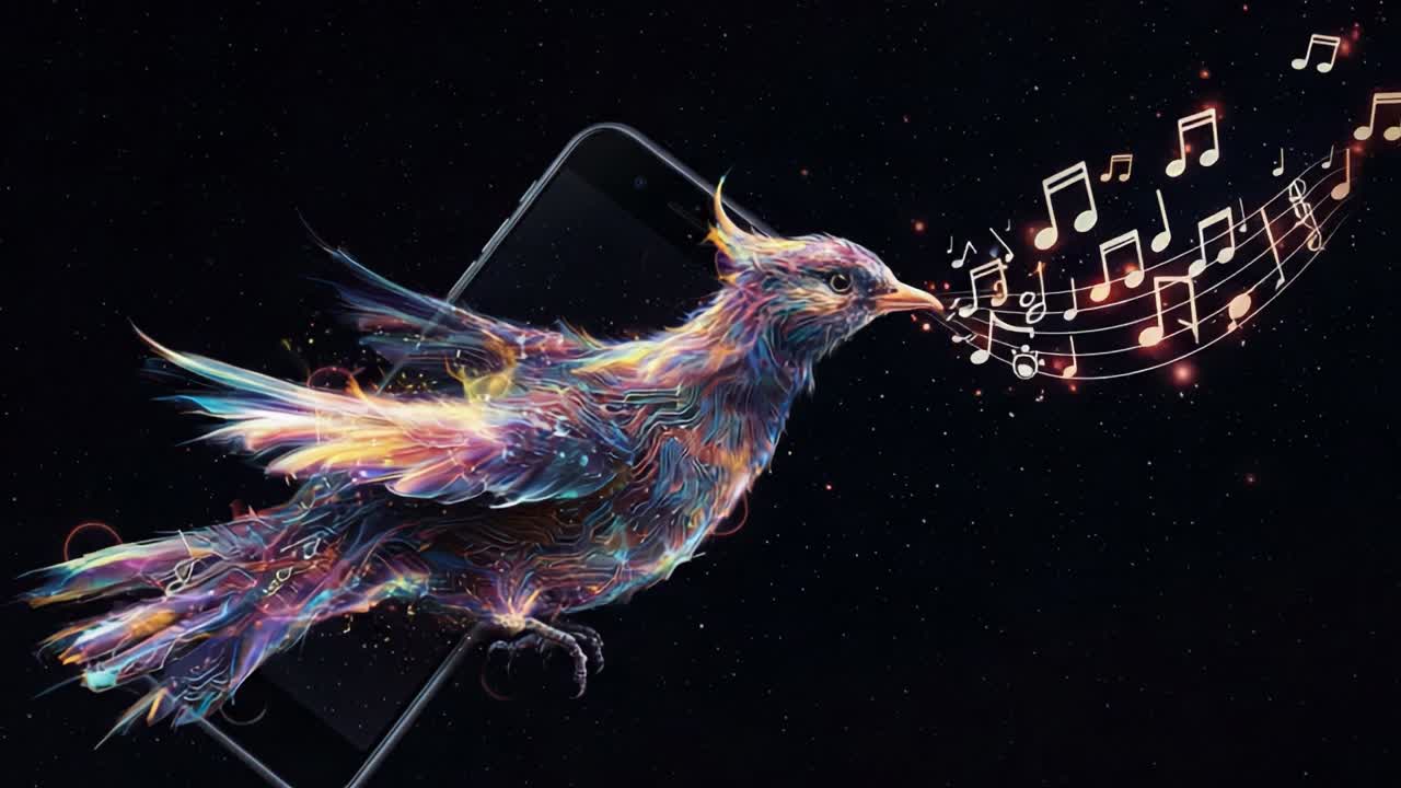 Un vivace uccello digitale emerge da uno smartphone, infondendo vita al suono con colorate note musicali e un design visivo ispirato alla tecnologia