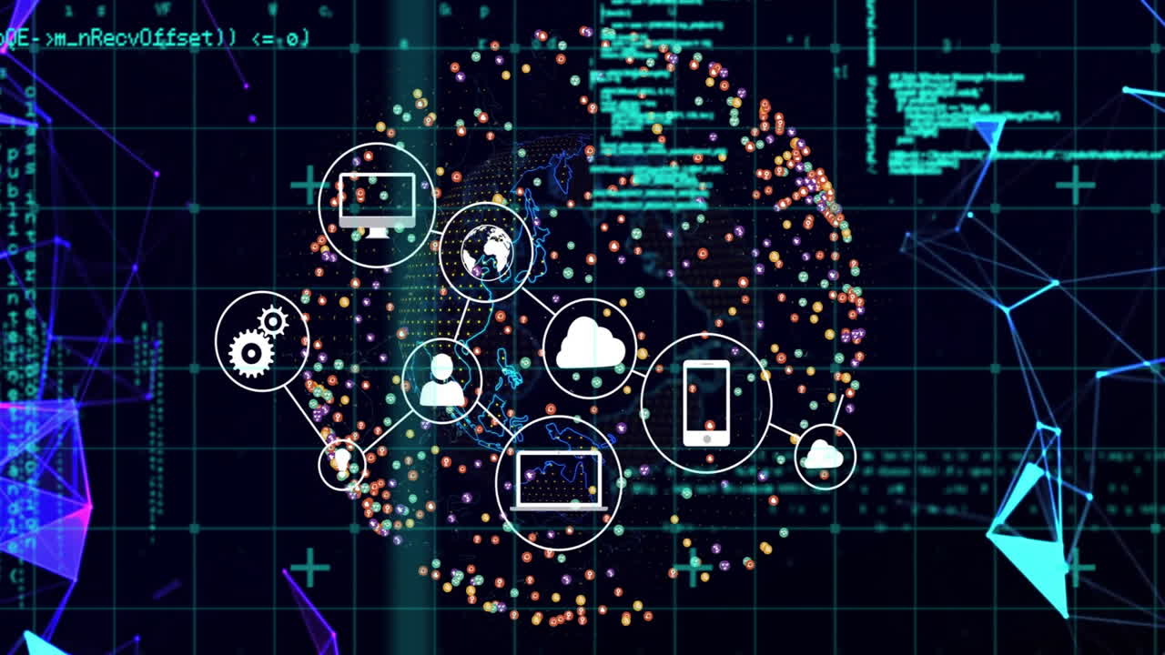 animación de la red de conexiones con íconos y globo sobre procesamiento de datos