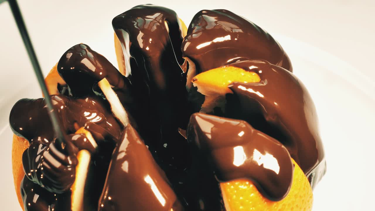 chocolate vertido en rebanadas de naranja madura