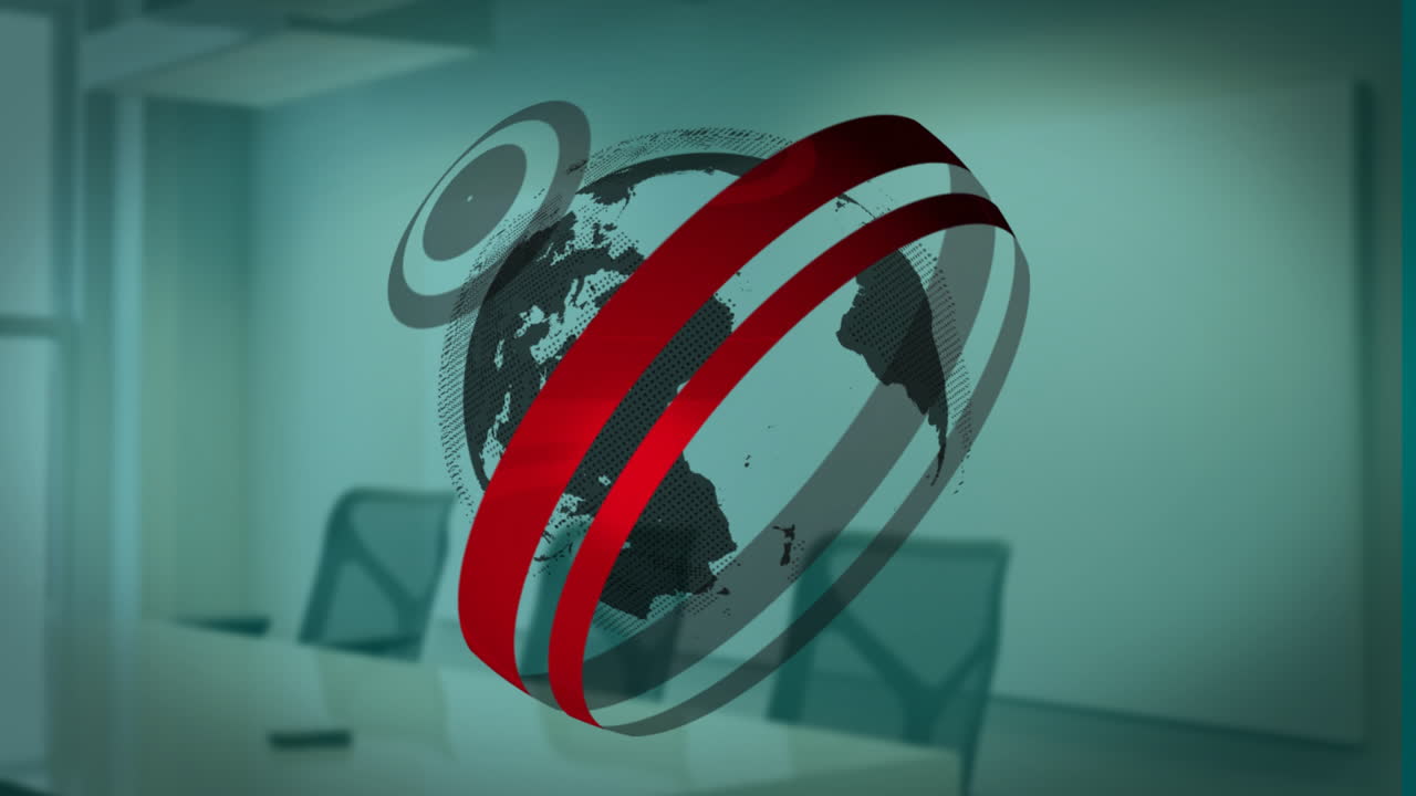 Rotating globe with red rings animation over empty office conference room