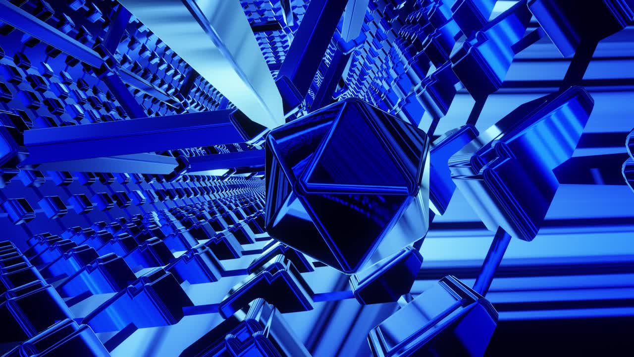 animación de mover una esfera a través de un túnel azul brillante metálico