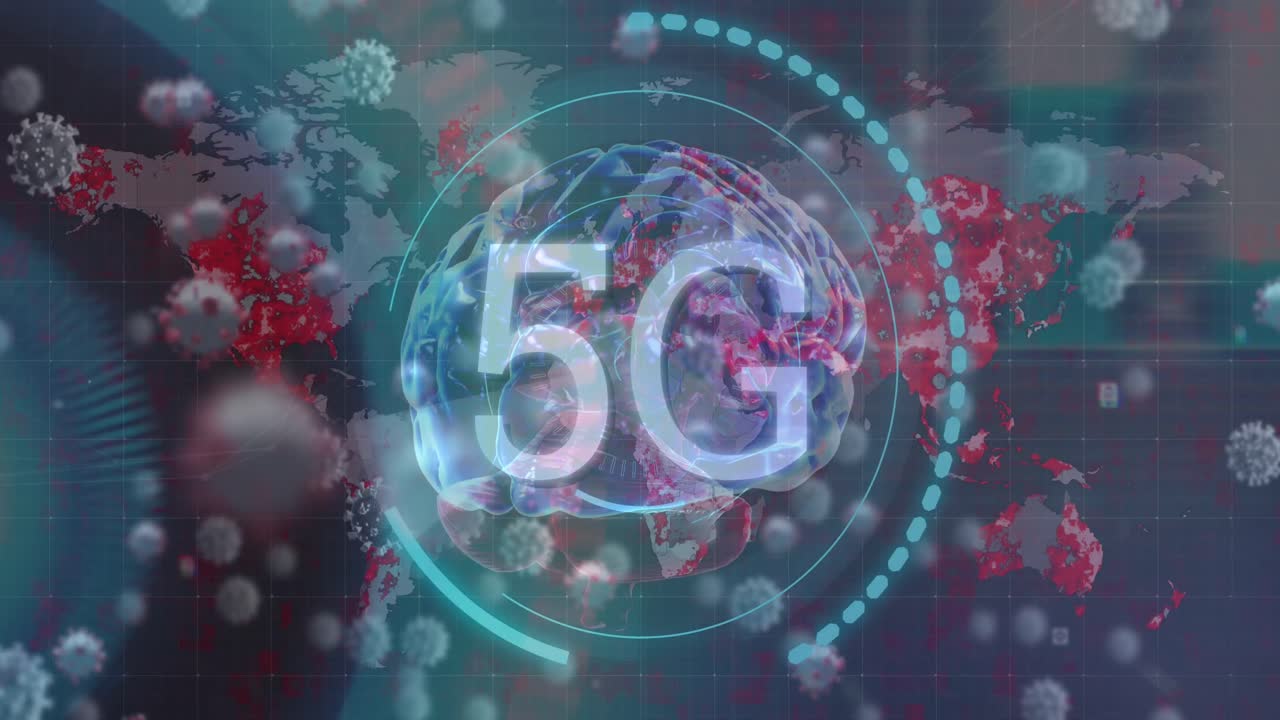 animación de escaneo de alcance con texto de 5g y células virales sobre el cerebro