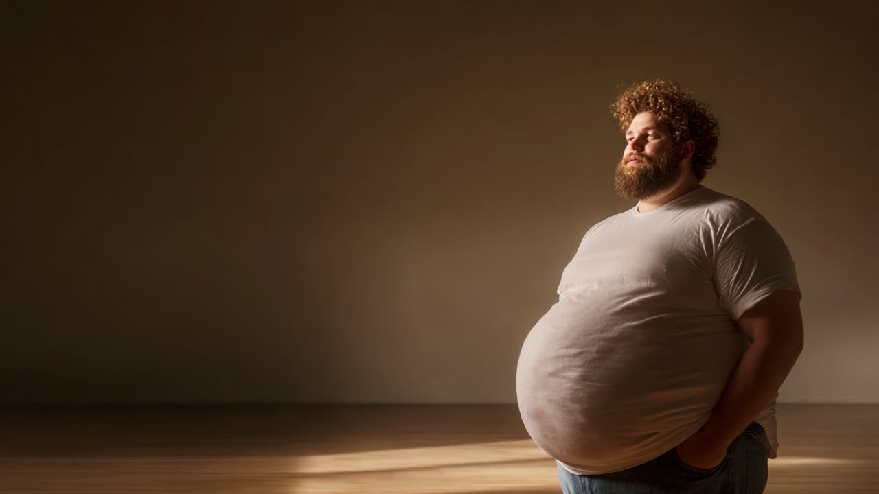 Man in Contemplation: A Thoughtful Moment Captured in Two Frames Showcasing His Pensive Expression and Round Silhouette in a Serene Studio Environment