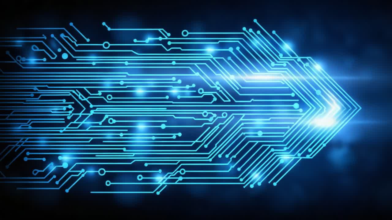 Dynamic Digital Arrow Displaying Advanced Technology Concepts with a Glowing Circuit Pattern, Representing Speed, Innovation, and Connectivity in Modern Electronic Systems