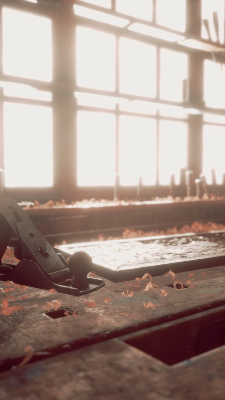 목재 가공 가게 의 작업 벤치 에 있는 목재 평면 의 클로즈업