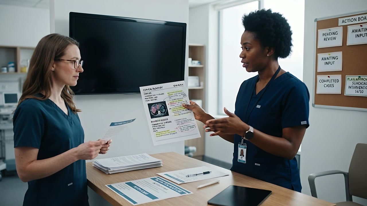 Holding highlighted doc right nurse in scrubs briefing colleague holding slip for care at clinic