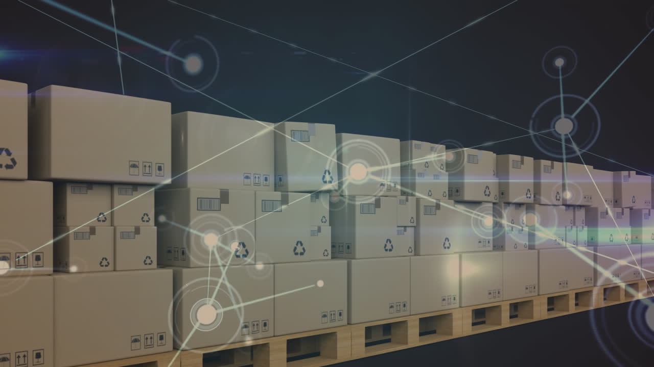 animación de la red de conexiones sobre cajas en cintas transportadoras en el almacén