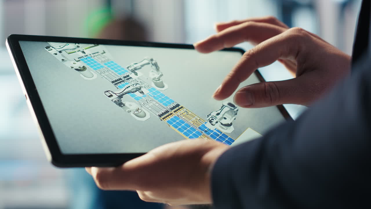 Photovoltaics factory technician monitors system performance on tablet, closeup
