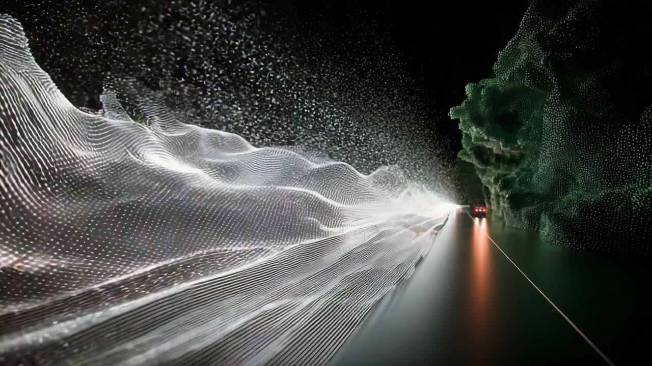 A mesmerizing visual journey through a surreal landscape of shimmering particles, dynamic lights, and abstract shapes, capturing the essence of motion and creativity in a captivating digital realm