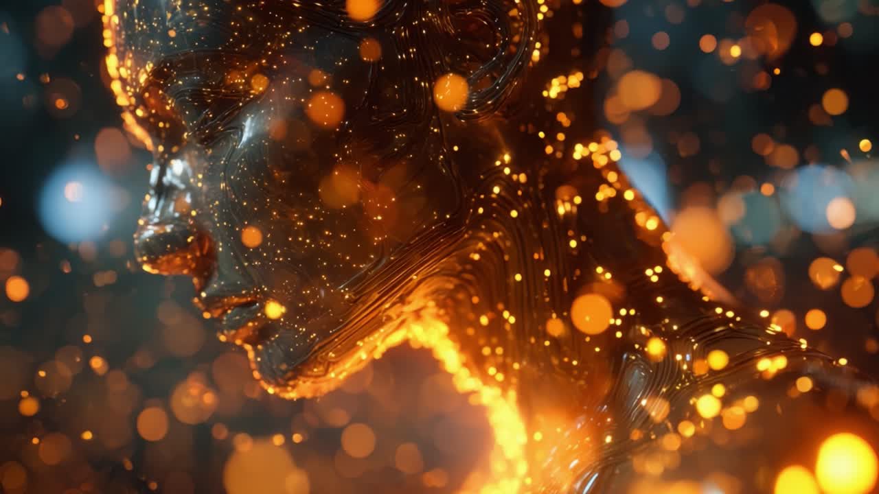 A mesmerizing journey into the digital realm, showcasing a futuristic humanoid figure illuminated by vibrant orbs of light, symbolizing the fusion of technology and humanity