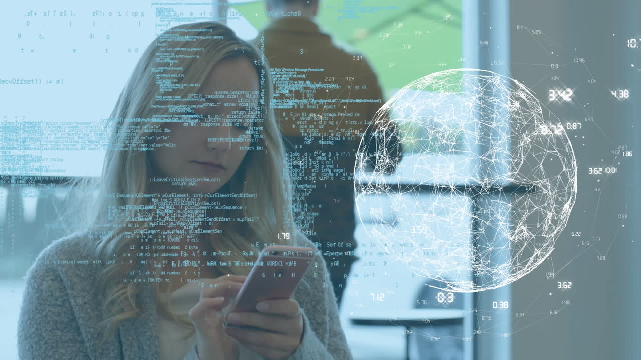 animación del globo y procesamiento de datos sobre una mujer de negocios caucásica que usa un teléfono inteligente