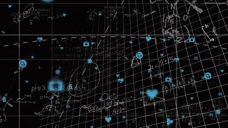 Animation-Von-Mathematischen-Gleichungen-Auf-Gittern-Und-Digitalen-Mediensymbolen-Auf-Schwarz