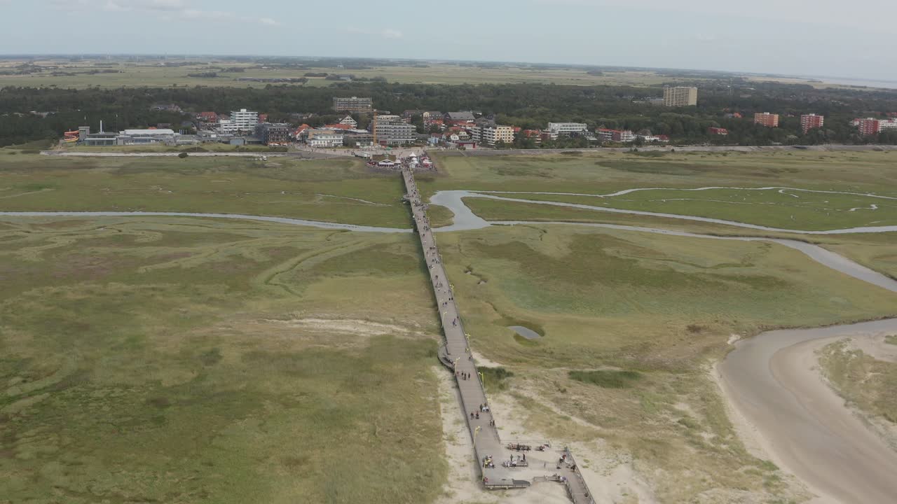 Drone - Aerial shot of the green nature beach of St. Peter Ording at the north sea, schleswig holstein, germany, 25p