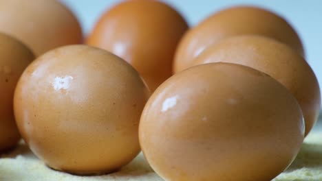 close up dolly of a half dozen glistening chicken eggs