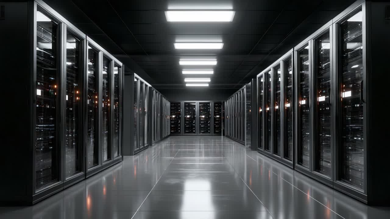 Modern Data Center Corridor with Server Racks and Bright Lighting Captured Over Time, Showcasing Advanced Technology and Infrastructure in a Controlled Environment