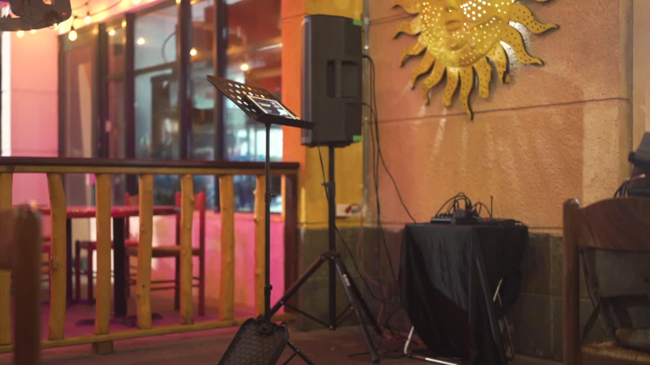 Small stage with music speaker and preparation for live show