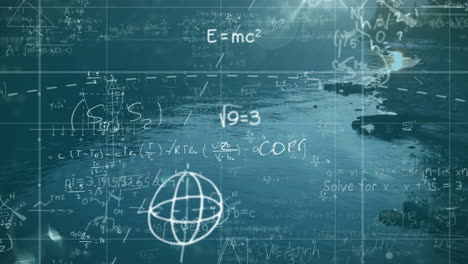 mathematical equations and formulas animation over ocean waves